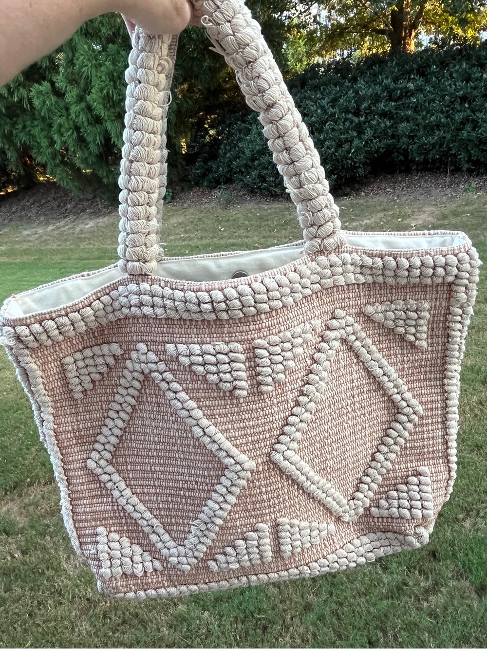lovestitch jute and Cream Textured Diamond large Tote